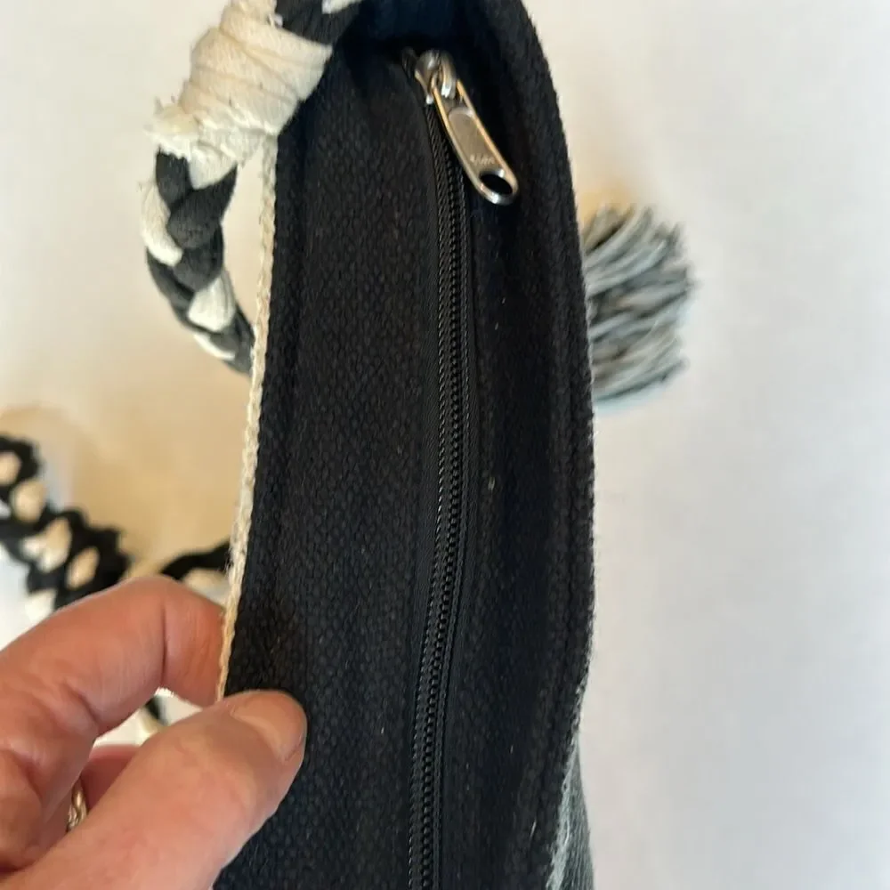 AMERICA & BEYOND Women's Woven Fringe Crossbody Bag Purse Black/White
